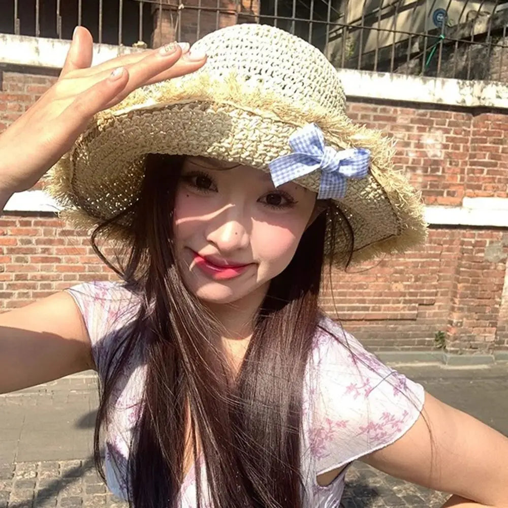 Summer Elegant Big Bowknot Sun Hat Sweet Wide Brim Woman's Straw Hat Anti UV Sun Protection Lace Brim Sunshade Cap Beach