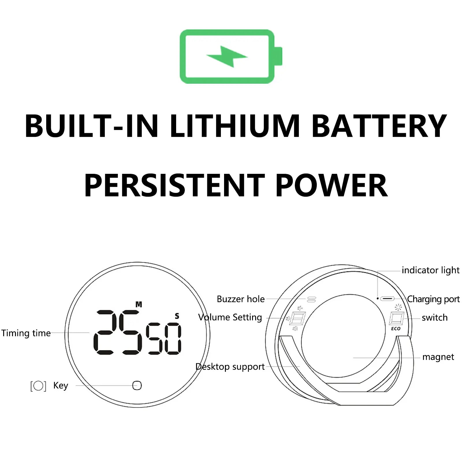 LED Digital Rotary Timer USB Rechargeable Magnetic Cooking Remind Alarm Clock 3-Level Volume Back Bracket Design Kitchen Gadgets
