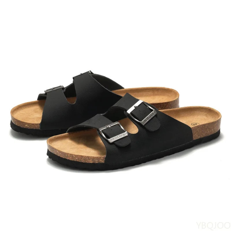 2025 Male Comfortable Slipper Man's Leather Sandal Beach Men Designer Brands Shoes Leather buckle cork slippers Summer Homme
