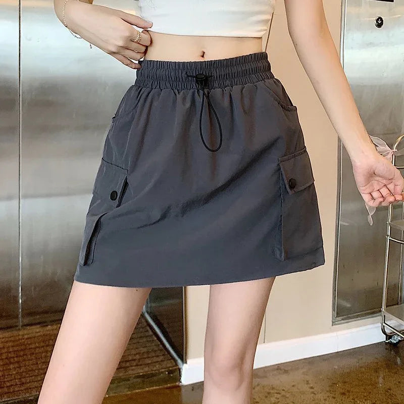 Summer Female Ins Korean Cargo Short Skirts Hot Sale Women Quick Drying Dress Girls Drawstring High Waist Thin Skirts