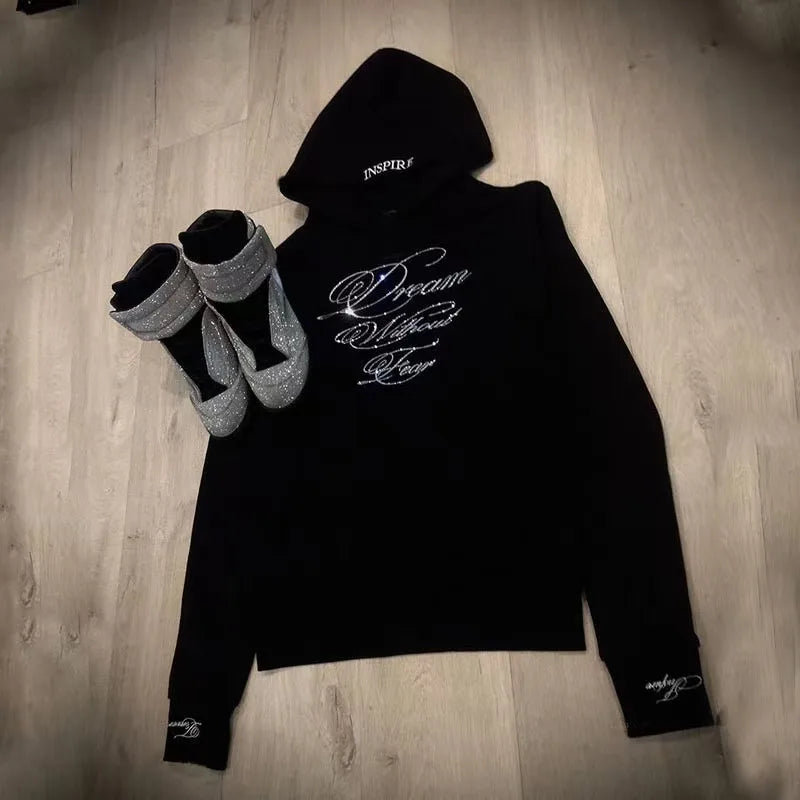 Punk Gothic Letters Hot Diamond American Retro Men and Women Pullover Hoodie Personalized Fashion Loose Casual Sweatshirt