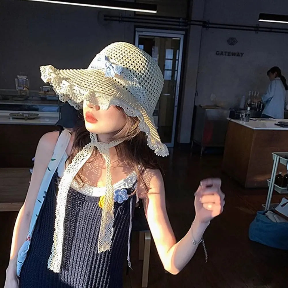 Summer Elegant Big Bowknot Sun Hat Sweet Wide Brim Woman's Straw Hat Anti UV Sun Protection Lace Brim Sunshade Cap Beach