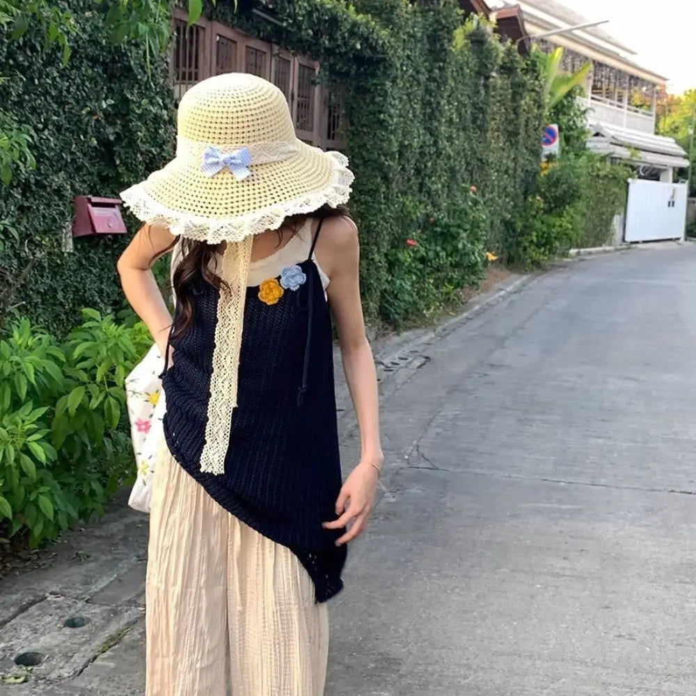 Summer Elegant Big Bowknot Sun Hat Sweet Wide Brim Woman's Straw Hat Anti UV Sun Protection Lace Brim Sunshade Cap Beach