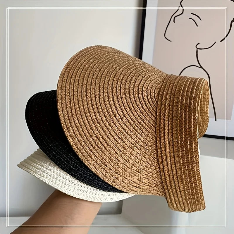 Summer  Woven Sun Hat, Wide Brim UV Resistant Summer Beach Hat, Can Roll Up Ponytail Travel Sun Hat