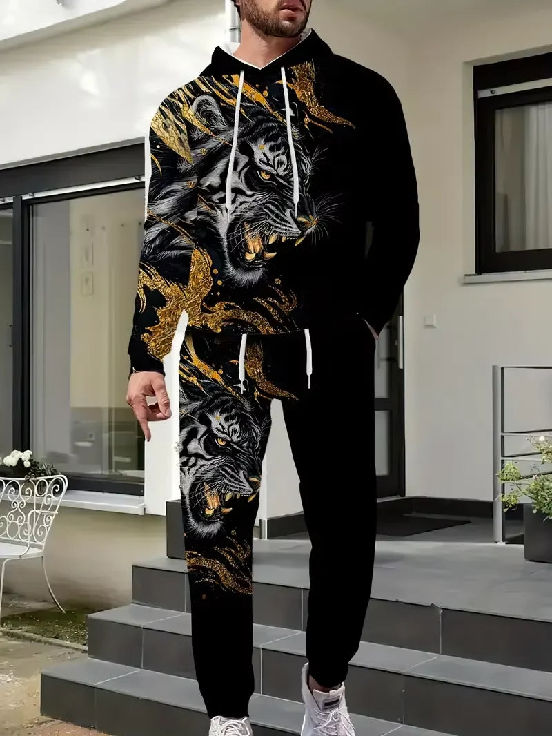 Trendy Men's 3D Animal Tiger Print Hoodies 2-Piece Set Fashion Men Women Tracksuit Outfits Outdoor Sports Sweatshirts Pants Suit