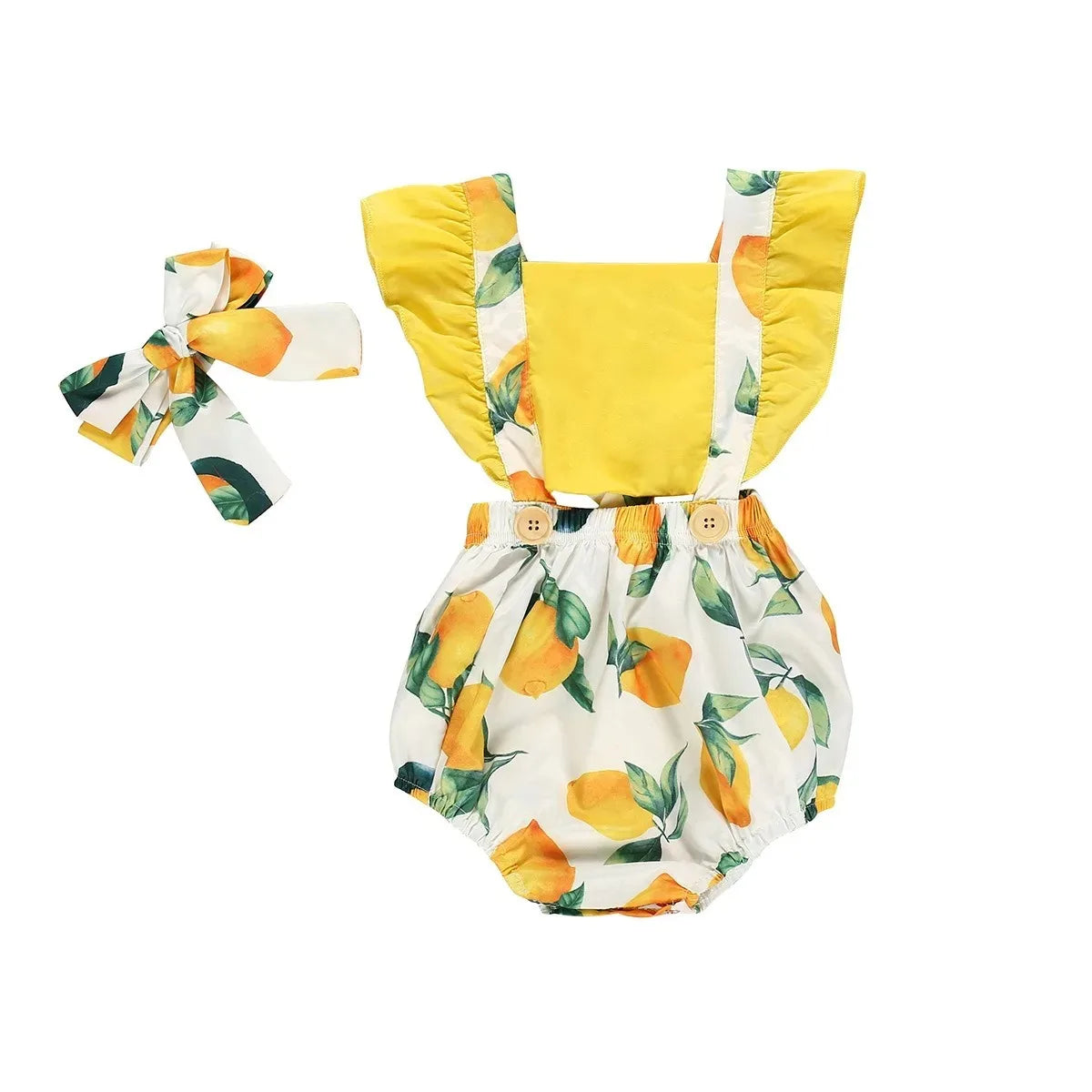 Summer  Baby Girls Lemon Ruffles Sleeveless Jumpsuits Cotton Romper With Headband Summer Newborn Girls Clothing