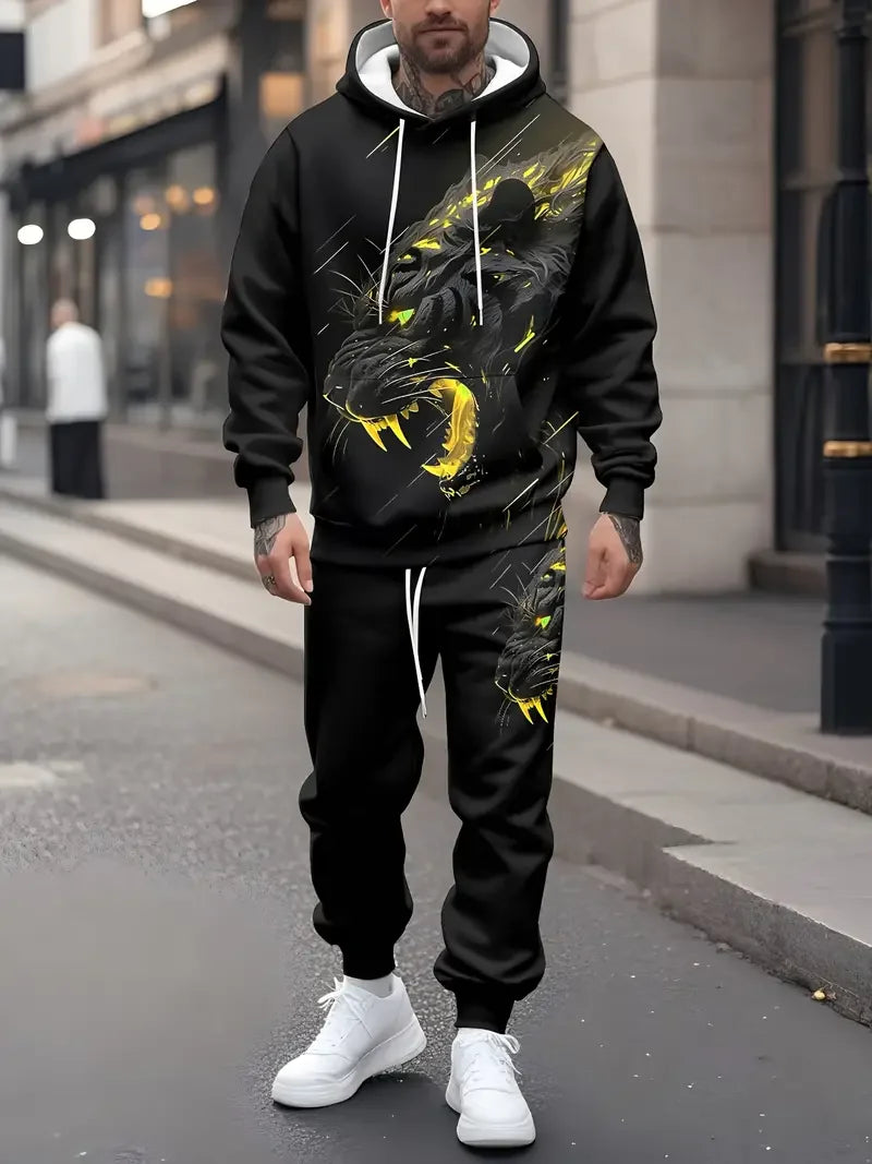 Trendy Men's 3D Animal Tiger Print Hoodies 2-Piece Set Fashion Men Women Tracksuit Outfits Outdoor Sports Sweatshirts Pants Suit