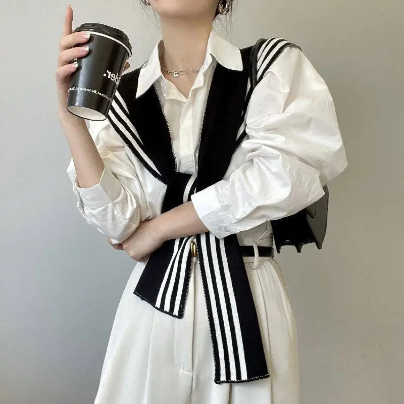 Womem Fashion Sweater Knitted Knotted Shawl Black White Stripe Double sided Sweater Shawl Travel Casual Scarf Knitted Shawl