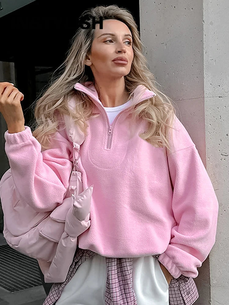 Women Autumn Winter Fleece Hoodies Elegant Stand Collar Zipper Loose Sweatshirt Elegant Solid Pullover Casual Top Streetwear