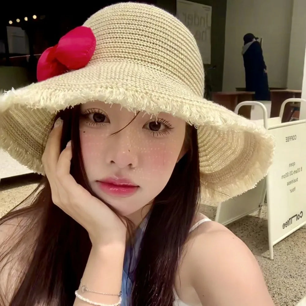 Summer Elegant Big Bowknot Sun Hat Sweet Wide Brim Woman's Straw Hat Anti UV Sun Protection Lace Brim Sunshade Cap Beach