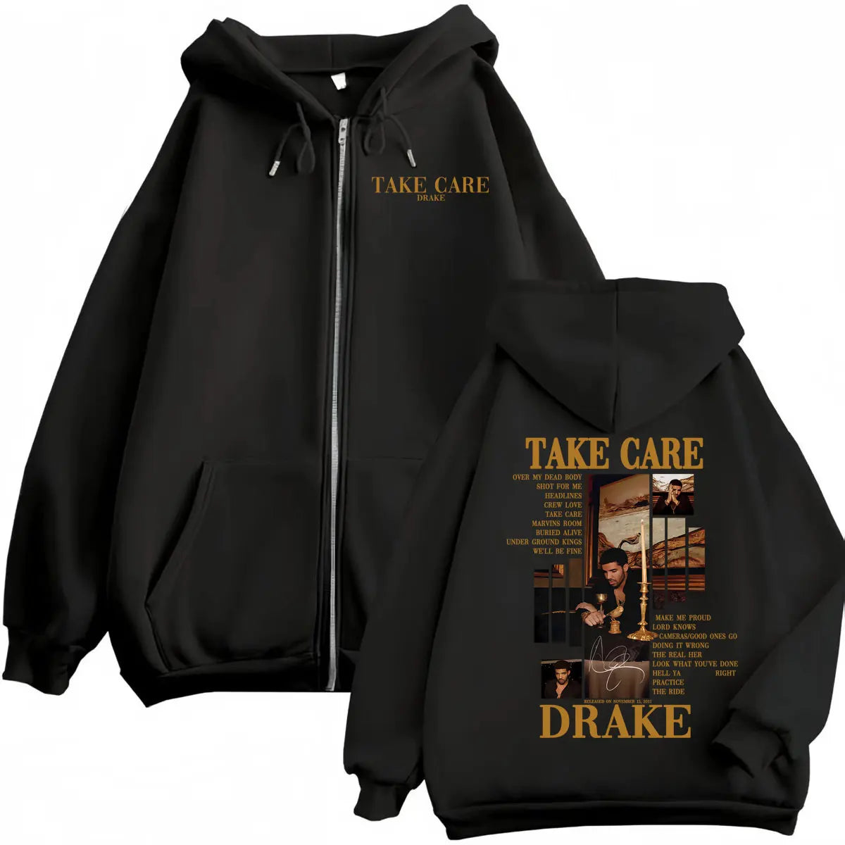 Rapper Drake Take Care Album Merch Zipper Hoodies Hip Hop Vintage Zip Up Hooded Sweatshirts Men Women Casual Fashion Pullovers
