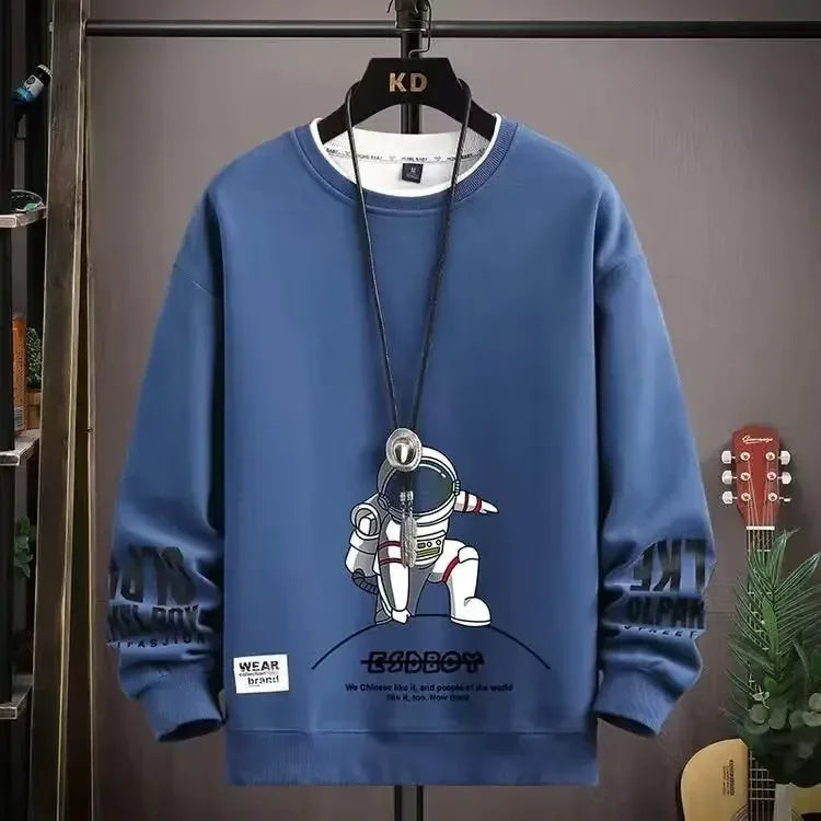 Autumn Men's Sweatshirt Adolescent Astronaut Printed Long Sleeve T-shirt Fashion Men's Clothing Grey O Neck Harajuku Top New
