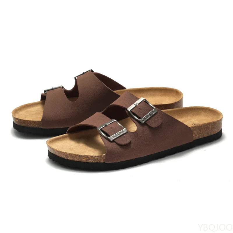 2025 Male Comfortable Slipper Man's Leather Sandal Beach Men Designer Brands Shoes Leather buckle cork slippers Summer Homme