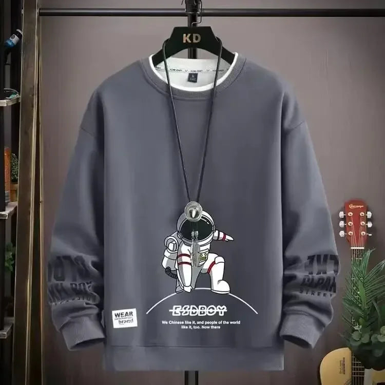 Autumn Men's Sweatshirt Adolescent Astronaut Printed Long Sleeve T-shirt Fashion Men's Clothing Grey O Neck Harajuku Top New