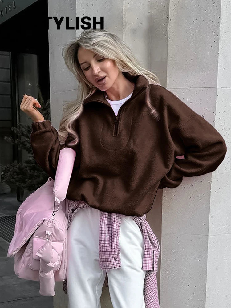 Women Autumn Winter Fleece Hoodies Elegant Stand Collar Zipper Loose Sweatshirt Elegant Solid Pullover Casual Top Streetwear