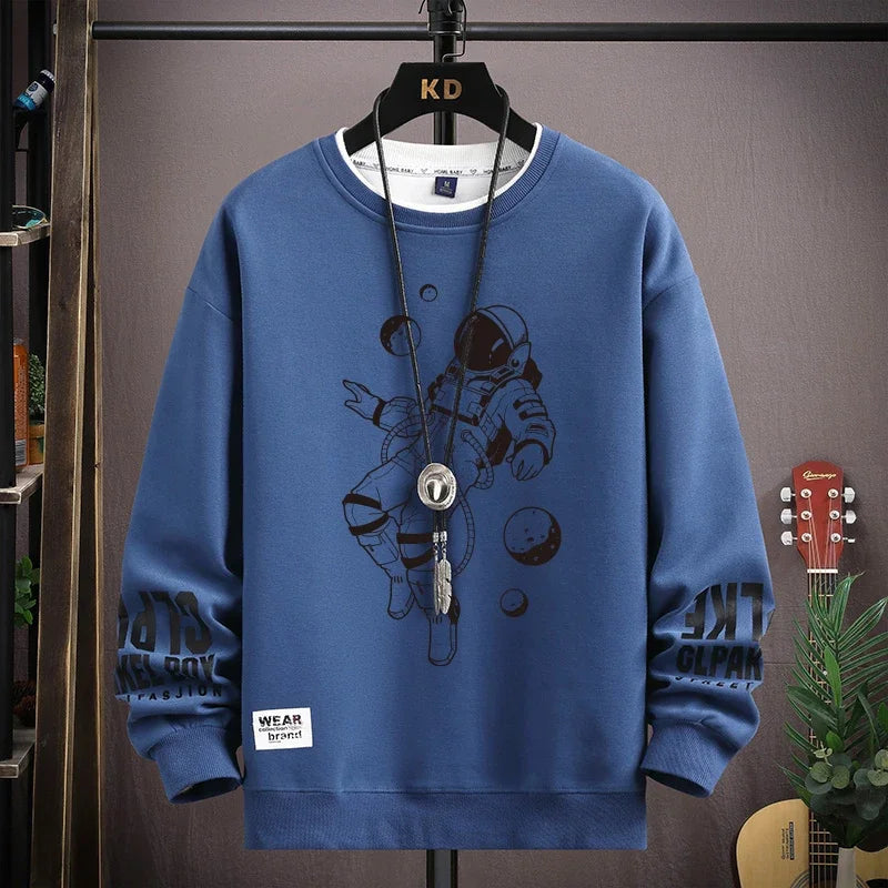 Autumn Men's Sweatshirt Adolescent Astronaut Printed Long Sleeve T-shirt Fashion Men's Clothing Grey O Neck Harajuku Top New