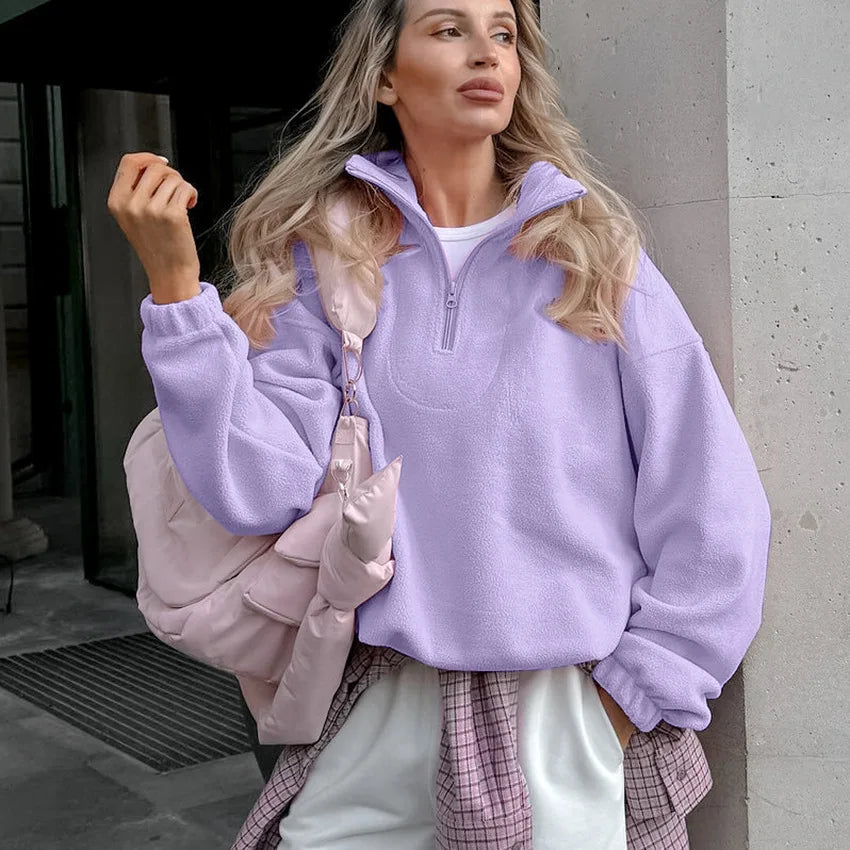 Women Autumn Winter Fleece Hoodies Elegant Stand Collar Zipper Loose Sweatshirt Elegant Solid Pullover Casual Top Streetwear