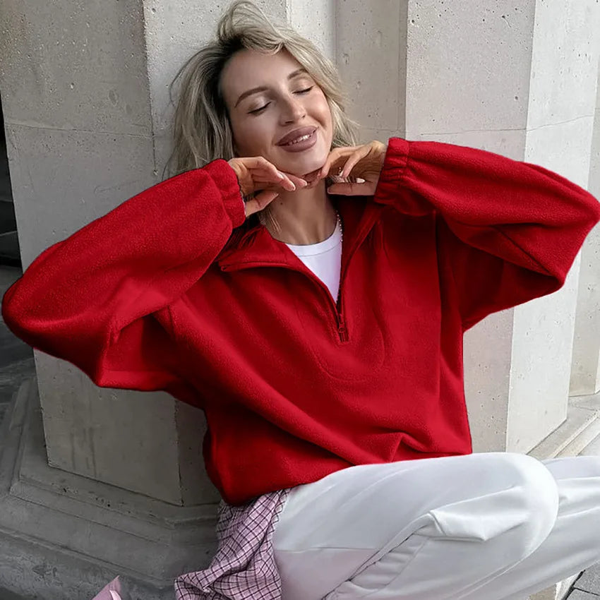 Women Autumn Winter Fleece Hoodies Elegant Stand Collar Zipper Loose Sweatshirt Elegant Solid Pullover Casual Top Streetwear