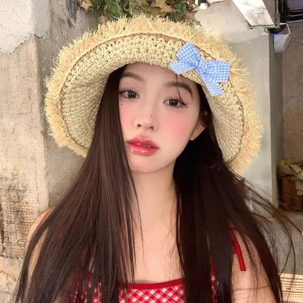 Summer Elegant Big Bowknot Sun Hat Sweet Wide Brim Woman's Straw Hat Anti UV Sun Protection Lace Brim Sunshade Cap Beach
