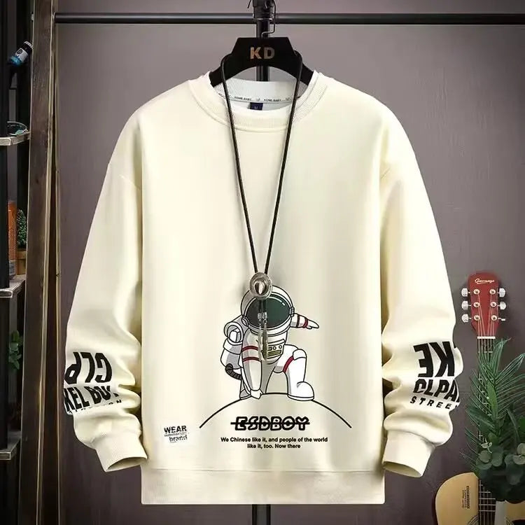 Autumn Men's Sweatshirt Adolescent Astronaut Printed Long Sleeve T-shirt Fashion Men's Clothing Grey O Neck Harajuku Top New
