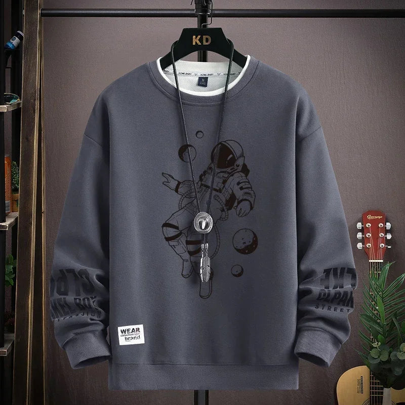 Autumn Men's Sweatshirt Adolescent Astronaut Printed Long Sleeve T-shirt Fashion Men's Clothing Grey O Neck Harajuku Top New