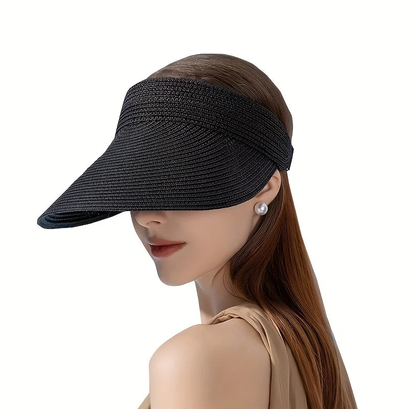 Summer  Woven Sun Hat, Wide Brim UV Resistant Summer Beach Hat, Can Roll Up Ponytail Travel Sun Hat