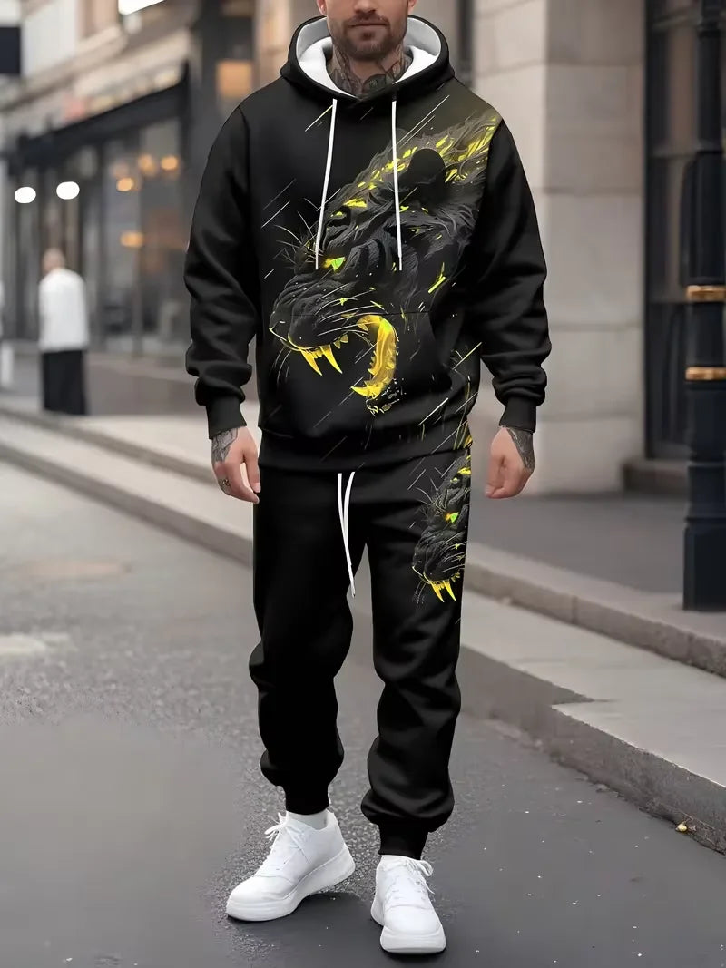 Trendy Men's 3D Animal Tiger Print Hoodies 2-Piece Set Fashion Men Women Tracksuit Outfits Outdoor Sports Sweatshirts Pants Suit