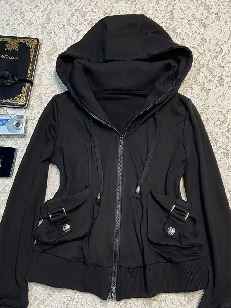 Gothic Black Hoodie Women American Retro 90s Punk  Pocket Multifunctional Pattern Sweatshirt Hoodie Fashion Casual Cardigan