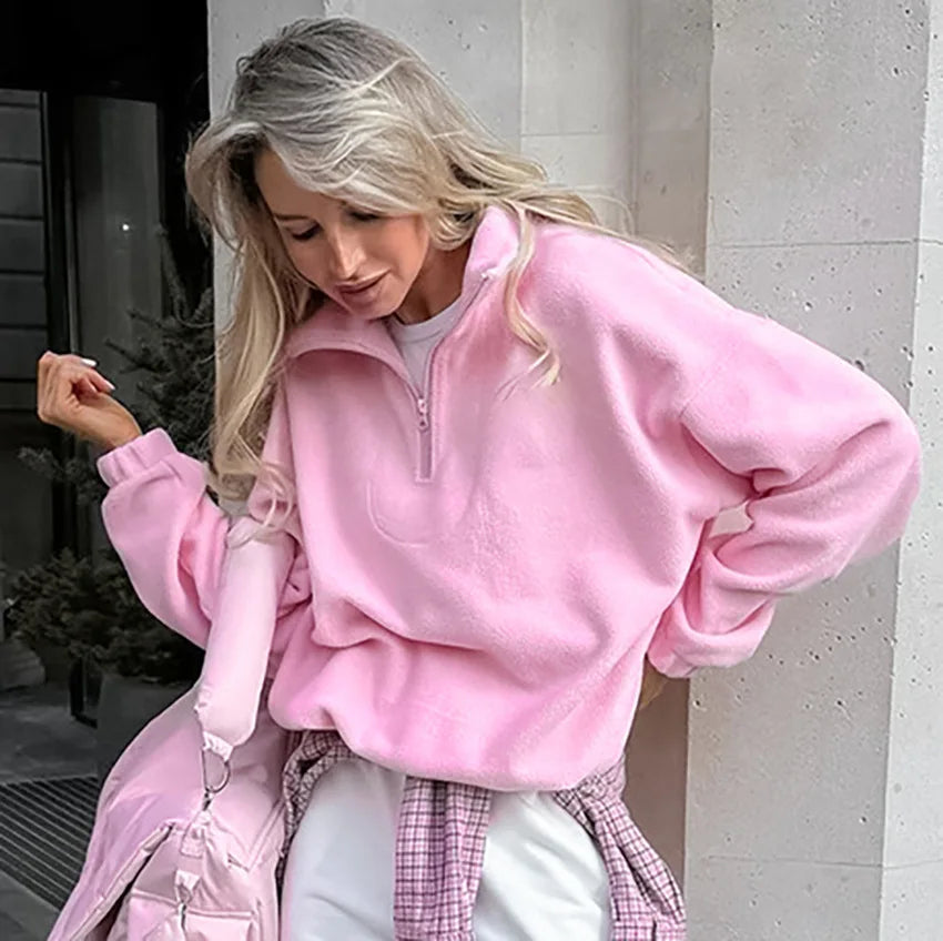 Women Autumn Winter Fleece Hoodies Elegant Stand Collar Zipper Loose Sweatshirt Elegant Solid Pullover Casual Top Streetwear
