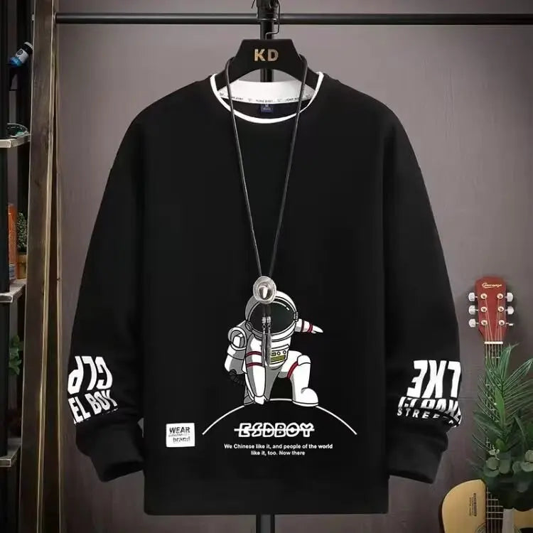 Autumn Men's Sweatshirt Adolescent Astronaut Printed Long Sleeve T-shirt Fashion Men's Clothing Grey O Neck Harajuku Top New