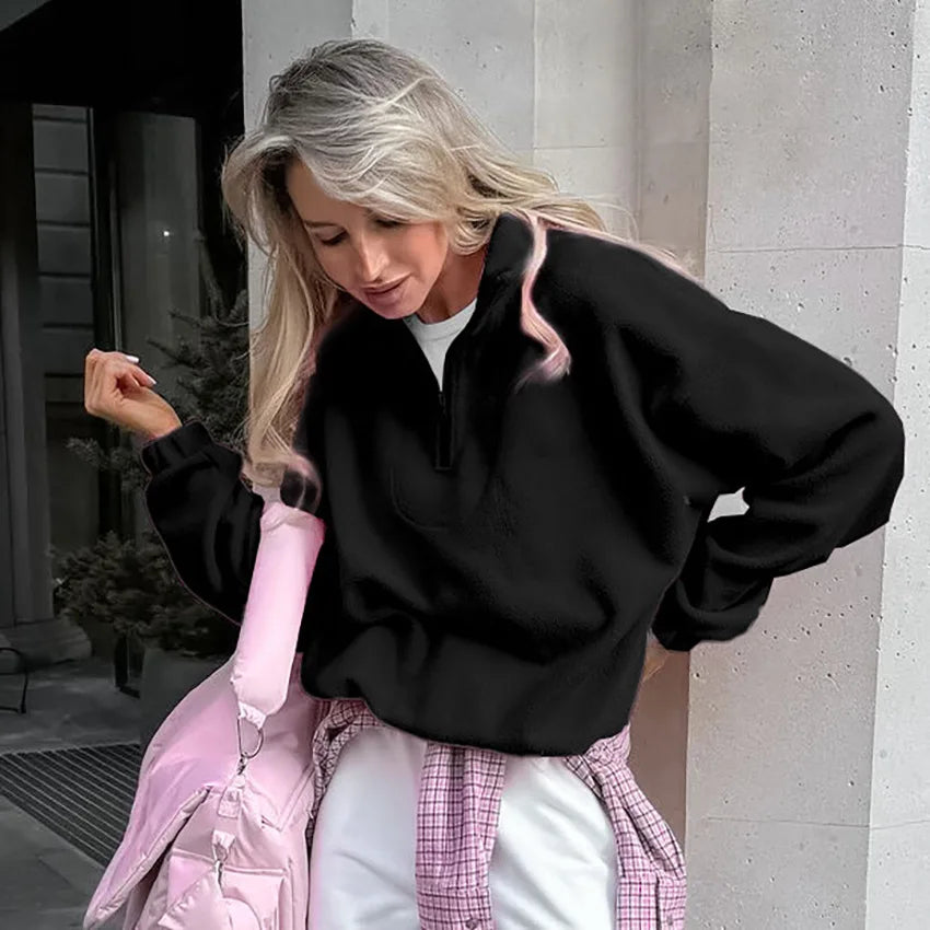 Women Autumn Winter Fleece Hoodies Elegant Stand Collar Zipper Loose Sweatshirt Elegant Solid Pullover Casual Top Streetwear