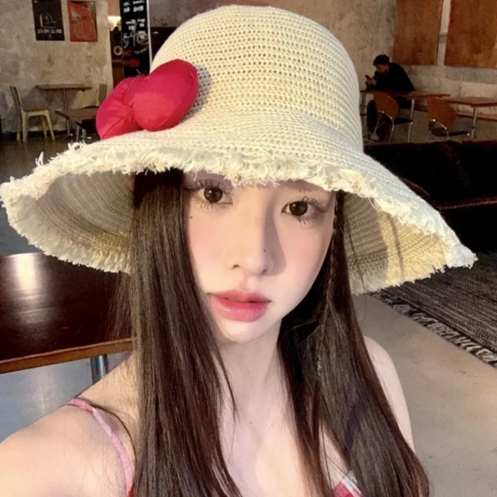 Summer Elegant Big Bowknot Sun Hat Sweet Wide Brim Woman's Straw Hat Anti UV Sun Protection Lace Brim Sunshade Cap Beach