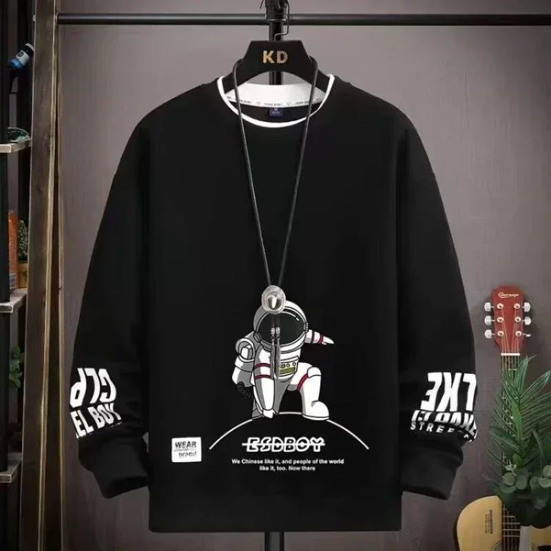 Autumn Men's Sweatshirt Adolescent Astronaut Printed Long Sleeve T-shirt Fashion Men's Clothing Grey O Neck Harajuku Top New