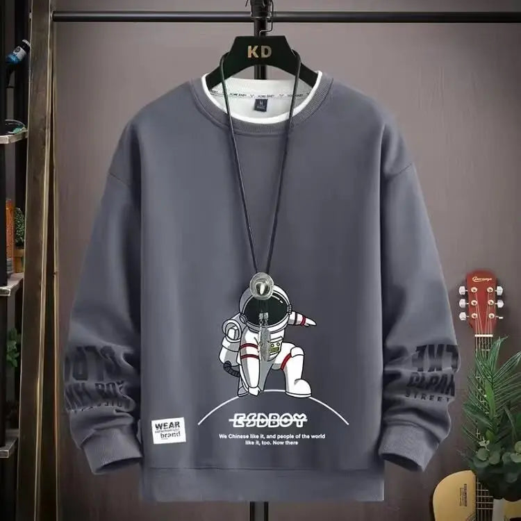 Autumn Men's Sweatshirt Adolescent Astronaut Printed Long Sleeve T-shirt Fashion Men's Clothing Grey O Neck Harajuku Top New