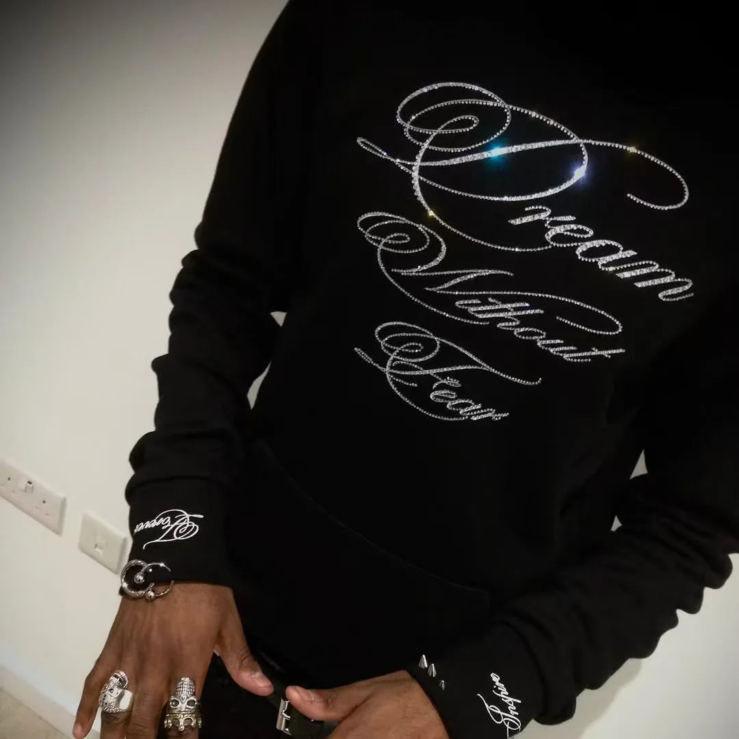 Punk Gothic Letters Hot Diamond American Retro Men and Women Pullover Hoodie Personalized Fashion Loose Casual Sweatshirt
