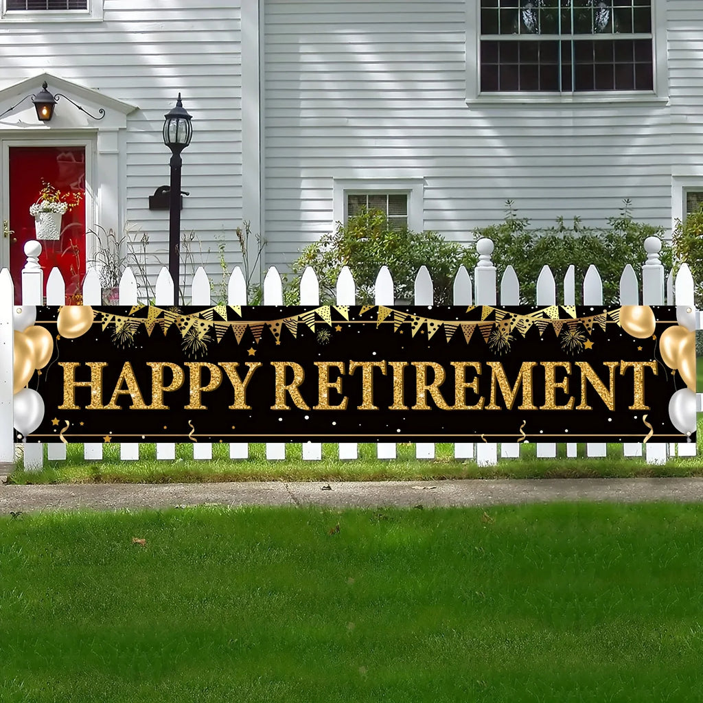 Retirement decorating banner Black and Gold Retirement banner marks retirement party decorating supplies Hanging home decor