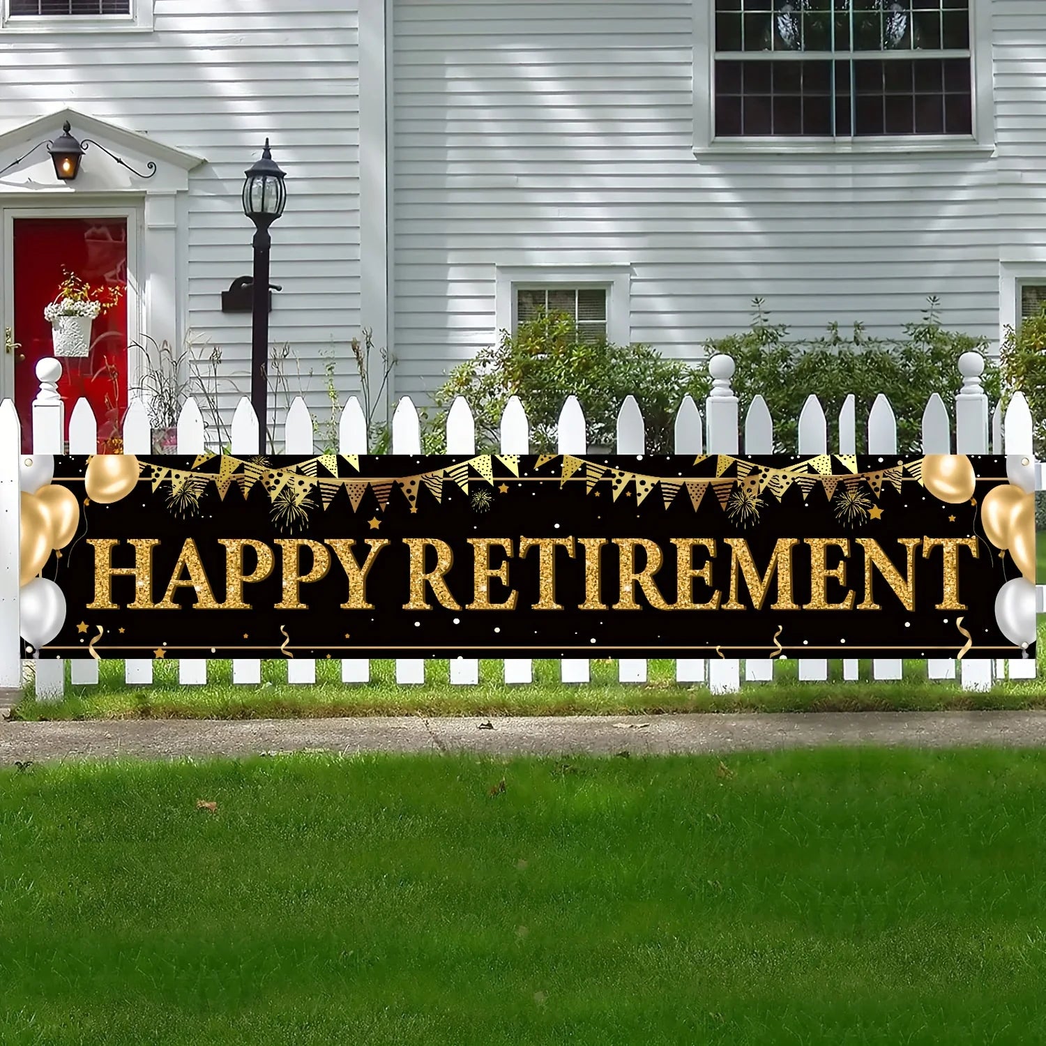 Retirement decorating banner Black and Gold Retirement banner marks retirement party decorating supplies Hanging home decor