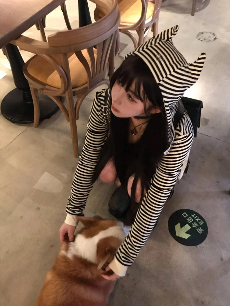 Vintage Sexy Stripe Loose Harajuku Devil's Cape Hooded Hoodies Women Diamond Hoody Y2k Aesthetic Grunge Zipper Sweatshirt Tops