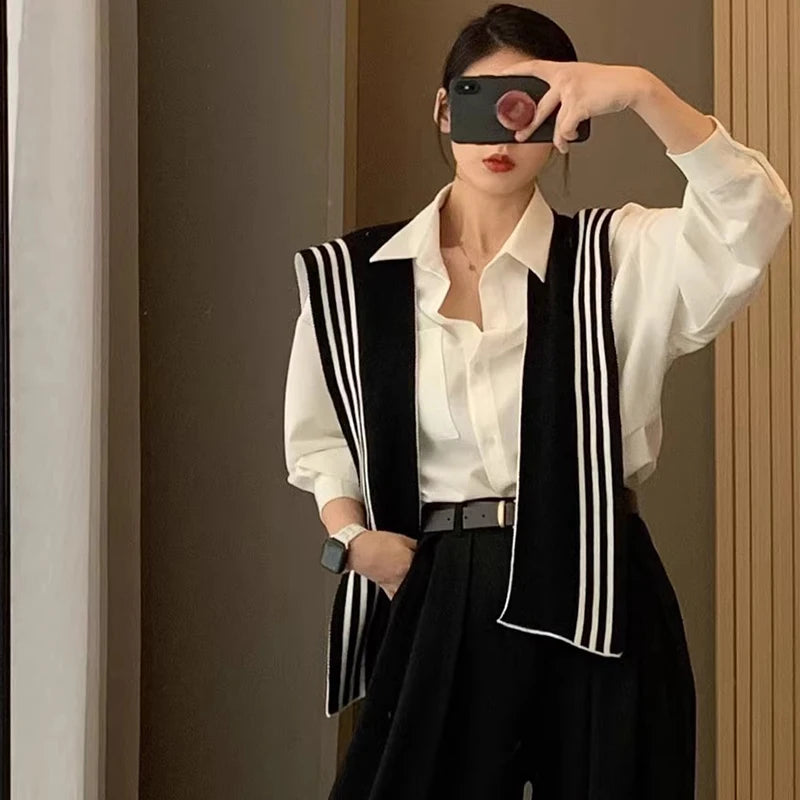 Womem Fashion Sweater Knitted Knotted Shawl Black White Stripe Double sided Sweater Shawl Travel Casual Scarf Knitted Shawl