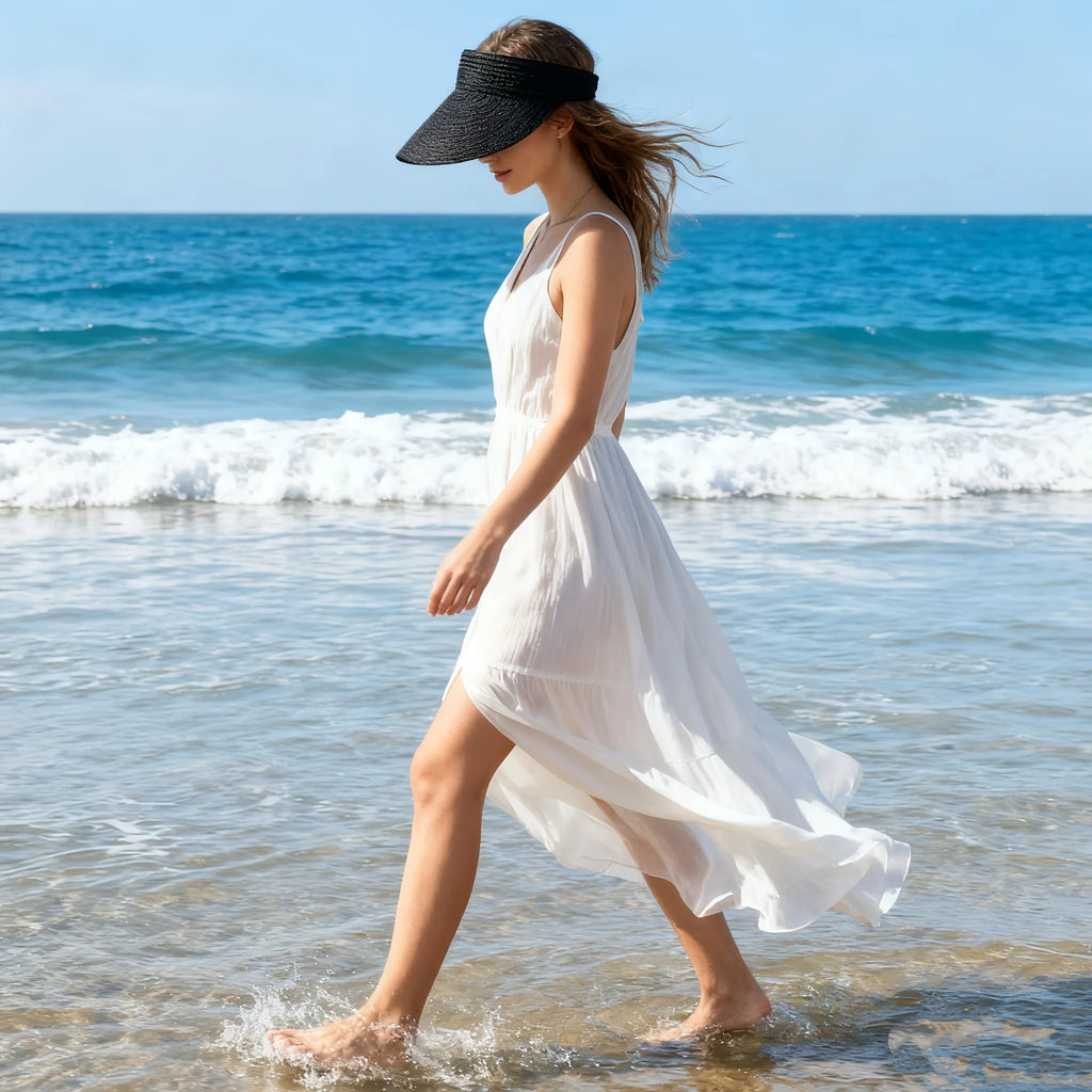 Summer  Woven Sun Hat, Wide Brim UV Resistant Summer Beach Hat, Can Roll Up Ponytail Travel Sun Hat