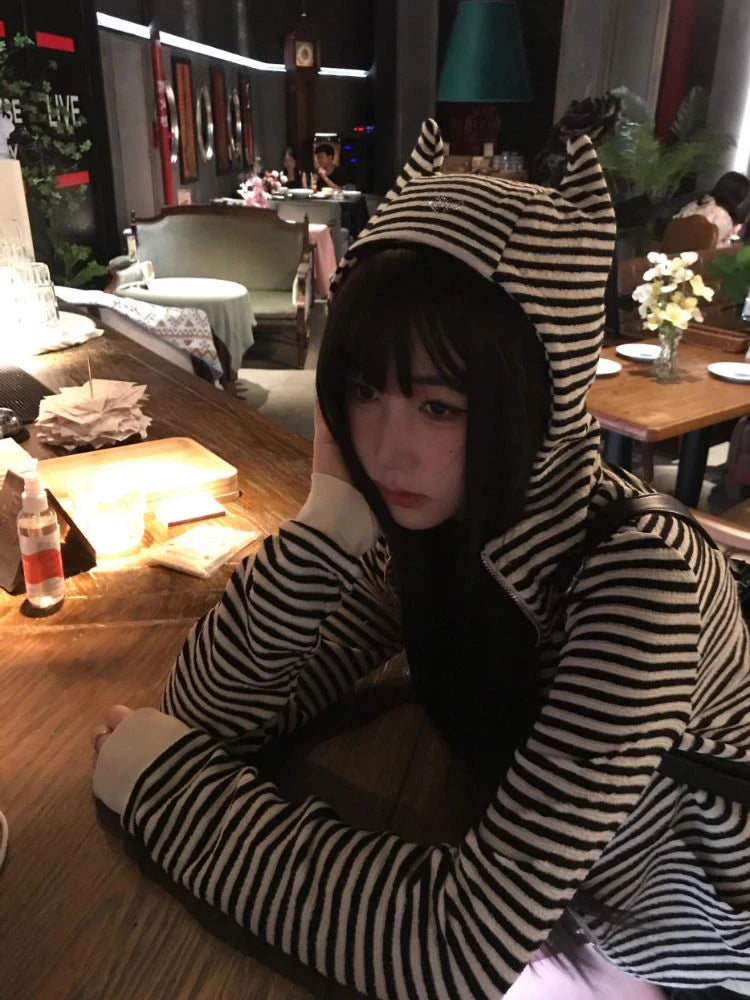 Vintage Sexy Stripe Loose Harajuku Devil's Cape Hooded Hoodies Women Diamond Hoody Y2k Aesthetic Grunge Zipper Sweatshirt Tops