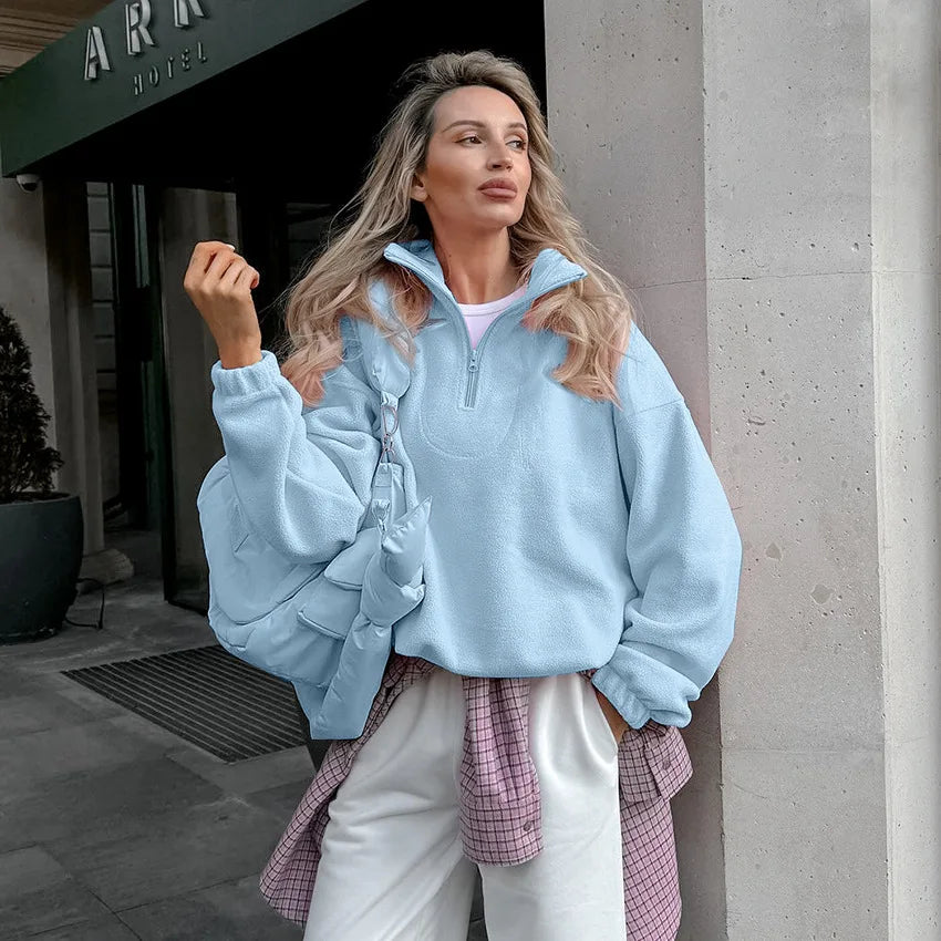 Women Autumn Winter Fleece Hoodies Elegant Stand Collar Zipper Loose Sweatshirt Elegant Solid Pullover Casual Top Streetwear
