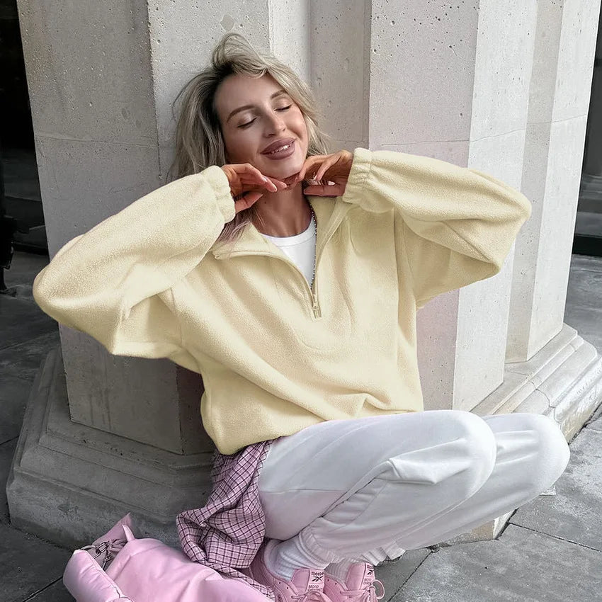 Women Autumn Winter Fleece Hoodies Elegant Stand Collar Zipper Loose Sweatshirt Elegant Solid Pullover Casual Top Streetwear