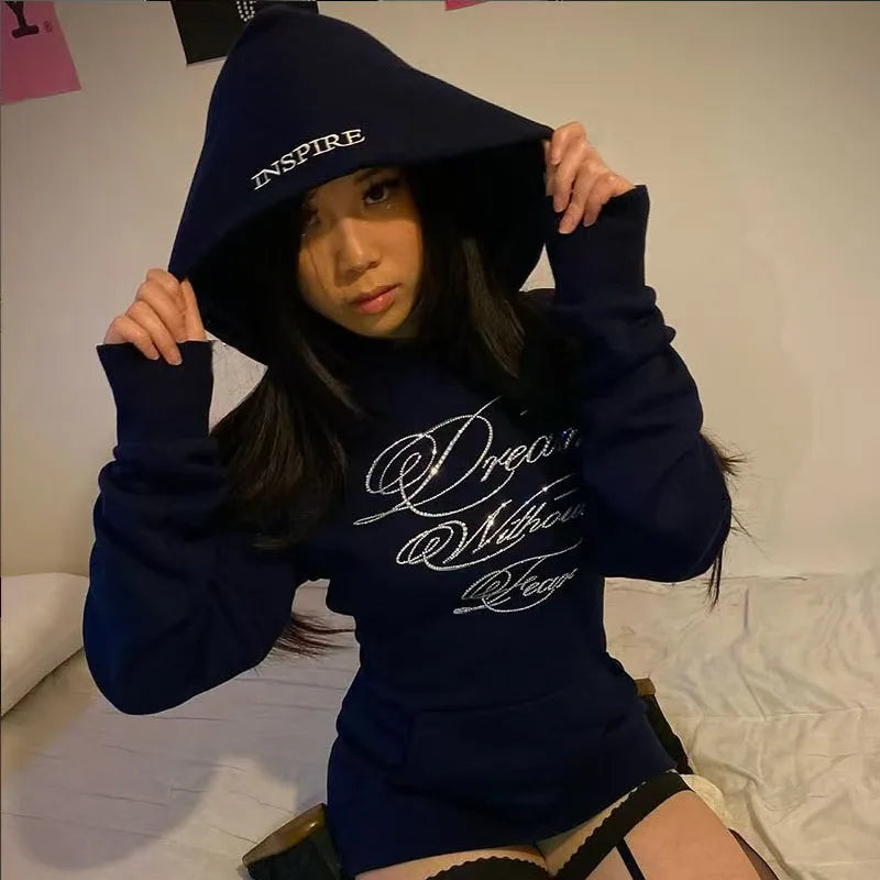 Punk Gothic Letters Hot Diamond American Retro Men and Women Pullover Hoodie Personalized Fashion Loose Casual Sweatshirt