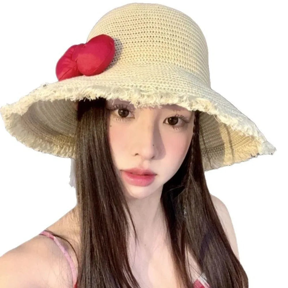 Summer Elegant Big Bowknot Sun Hat Sweet Wide Brim Woman's Straw Hat Anti UV Sun Protection Lace Brim Sunshade Cap Beach