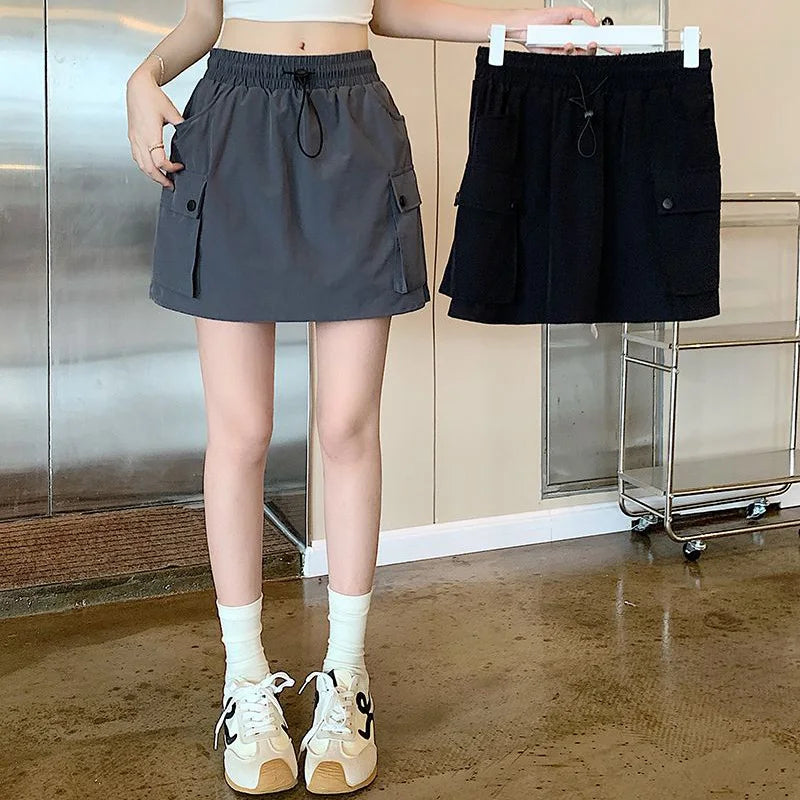 Summer Female Ins Korean Cargo Short Skirts Hot Sale Women Quick Drying Dress Girls Drawstring High Waist Thin Skirts