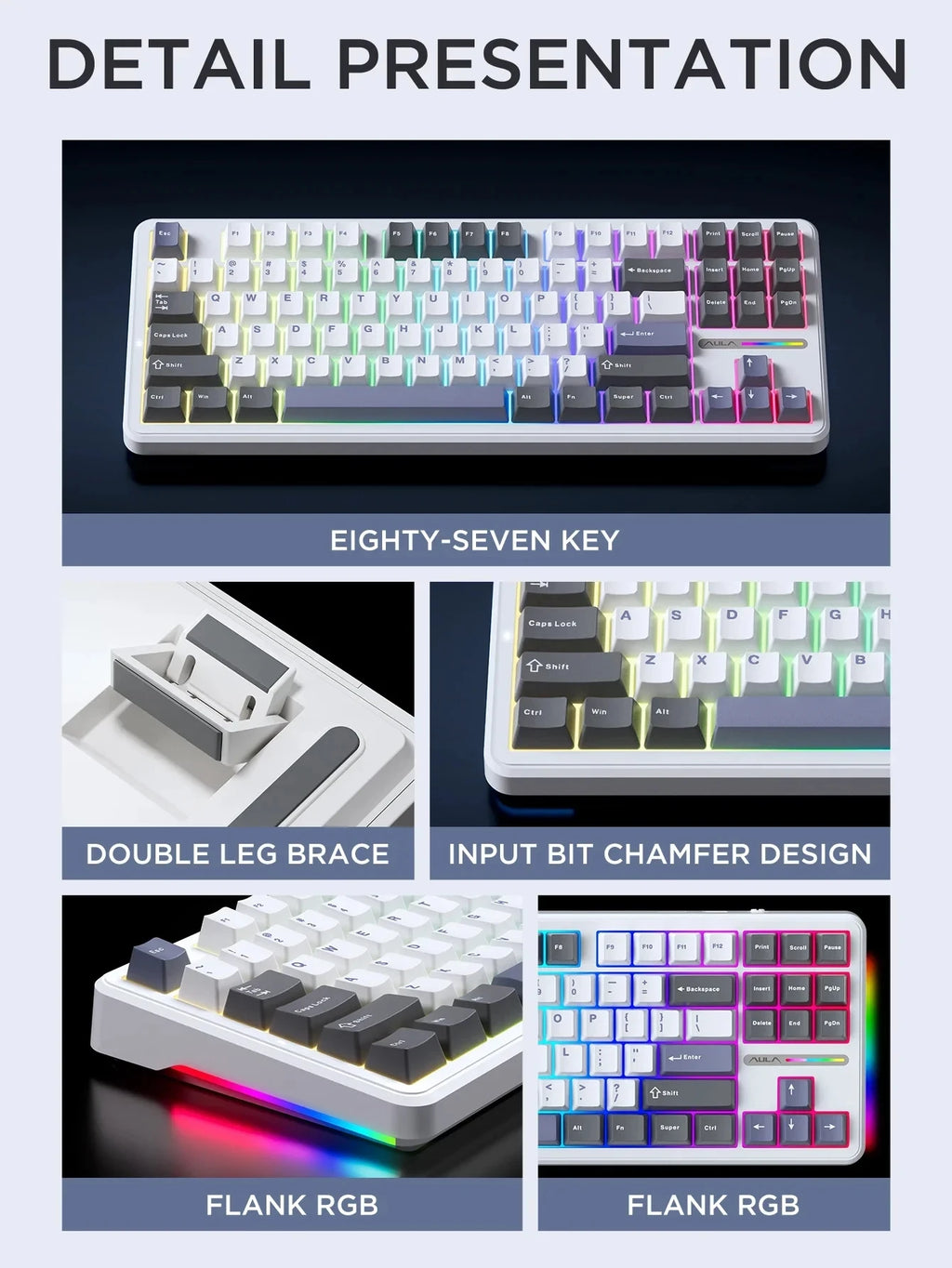 AULA F87Pro Mechanical Keyboard 2.4g/Usb/Bluetooth Tri Mode Wireless 87 Key 5 Layer Silencing Filling Suitable For Gaming+Typing