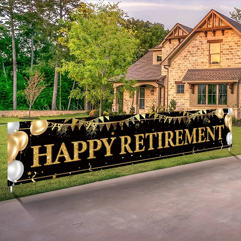 Retirement decorating banner Black and Gold Retirement banner marks retirement party decorating supplies Hanging home decor