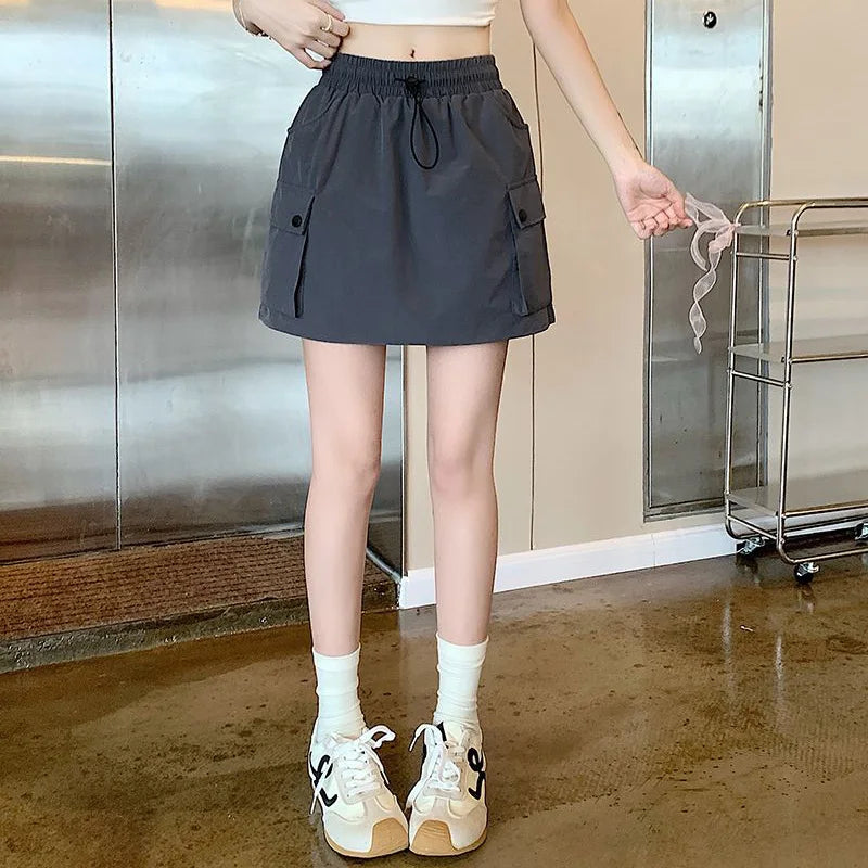 Summer Female Ins Korean Cargo Short Skirts Hot Sale Women Quick Drying Dress Girls Drawstring High Waist Thin Skirts
