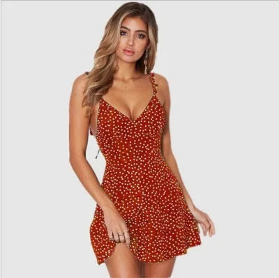 Summer Women Dresses Summer Sexy Dress Ladies High Waist Dot Printing Mini Dresses Vestidos Back Lacing Straps Backless Dress